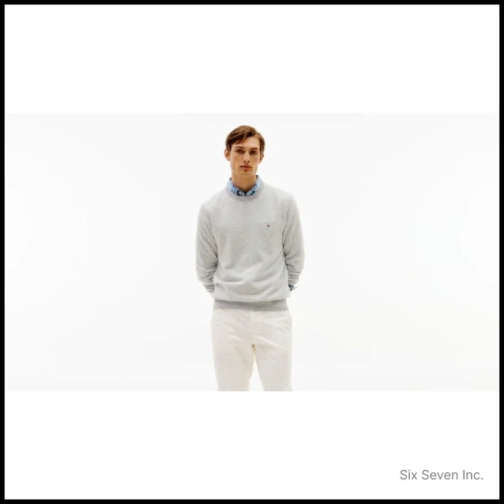 Herringbone Cotton Cashmere Crewneck Sweater Classic Preppy Pullover